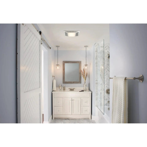 Ceiling Exhaust Vent With Light For Bathrooms And Home, 100-Watt Bright Lighting installed in a modern bathroom, white finish