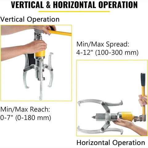 Vertical and horizontal use of Heavy Duty 15 Ton Hydraulic Gear Puller And Wheel Bearing Separator with adjustable jaws.