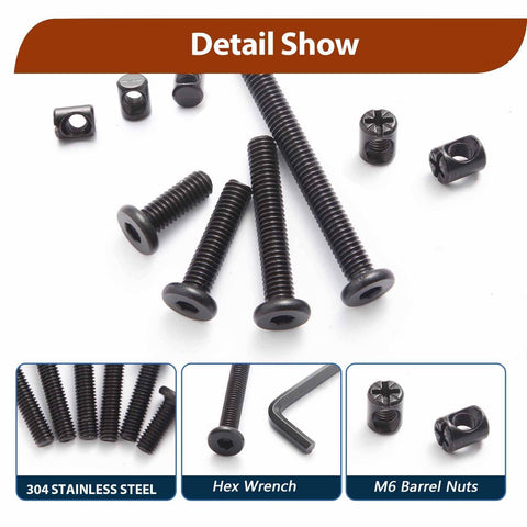 Stainless Steel Crib Hardware Replacement Kit With 76 Pieces Including Baby Bed Frame Bolts And Barrel Nuts For Delta Graco Dream Cribs M6x20 30 40 50 60 70 80mm Hex Drive Socket Cap Screws Dad And Mom Approved Durable, showing screws, barrel nuts, and wrench.