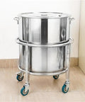 Heavy Duty Stainless Steel Bucket Dolly With Wheels For Stock Pots Soup Pots Barrels And Heavy Loads Portable Hand Truck Built To Roll Easy In Home And Commercial Kitchens Storage And Catering, stainless steel, four wheels