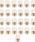 25 white plastic needle tip stoppers for knitting needles, shown neatly arranged, compatible with LK150 knitting machine