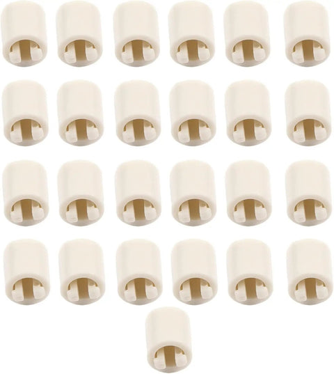 25 white plastic needle tip stoppers for knitting needles, shown neatly arranged, compatible with LK150 knitting machine