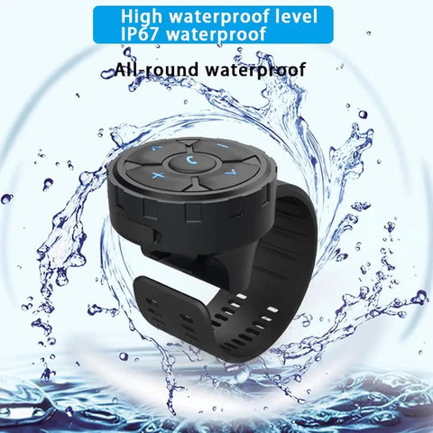 Wireless Bluetooth 5.3 Remote Controller For Steering Wheel Car Kit And Bike Motorcycle Phone Control Play Pause Volume Up Down Answer Hang Up Voice Assistant Waterproof Rechargeable 500mA Battery shown on a strap with water in background
