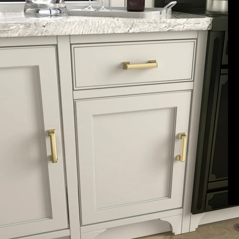 Brushed Gold Cabinet Handles 10 Pack 5 Inch Hole Center Pulls installed on white kitchen cabinets with marble countertop