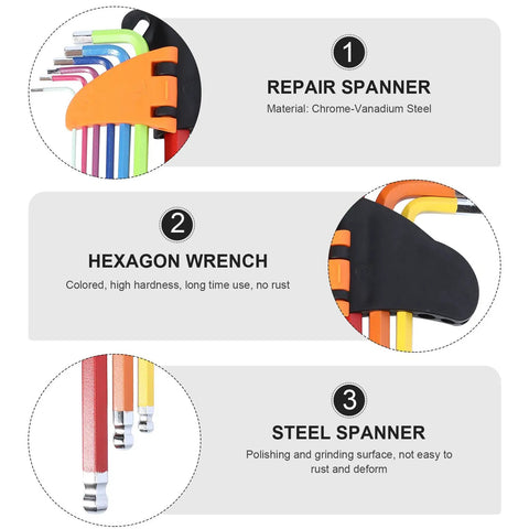 Awesome 9pc Colored L Shaped Hex Key Wrench Set With Long Arm Ball End Design. Premium High Hardness Steel Multi Function Spanner Tools For Fast Repair And Smooth Maintenance Jobs. Rust Resistant Thicken Build That Grips Tight Without Slipping Like A. 9pc colored L-shaped hex key wrench set, chrome-vanadium steel, long arm ball end, for repair
