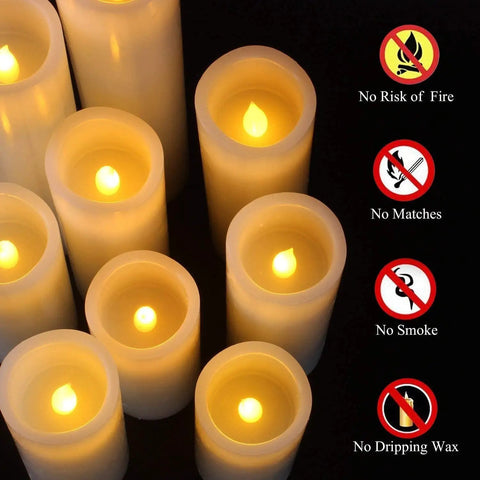 Set Of Nine Ivory Real Wax Flameless Pillar Candles Battery Operated 4 Inch Through 9 Inch Heights With safety symbols.
