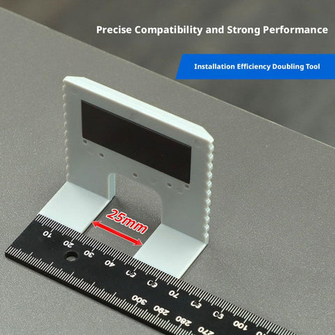 Super Handy Hinge Installation Jig For Doors And Cabinets, Durable ABS Construction, shown with 25mm measurement and ruler