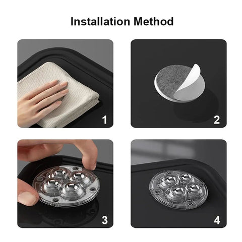 Installation method for Caster Wheels, Castor Wheels 4Pcs Casters Universal Wheel self-adhesive on furniture surfaces.