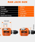 Front and side views of two orange 5-ton hydraulic cylinder jacks (porta power), 0.24 inch stroke.