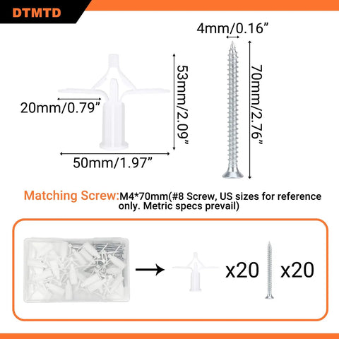 Heavy Duty Drywall Anchor Kit With 40 Piece M8x53 Stainless Steel Screws And Hollow Wall Anchors dimensions and item count