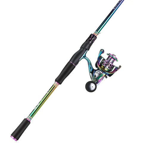 Colorful Two Piece Spinning Rod And Reel Combo with lightweight design, visible stainless guides for freshwater and saltwater use.