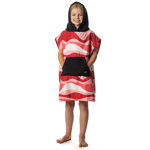 Child wearing kids hooded poncho towel with front pocket microfiber quick dry swim cover up for boys and girls for beach and pool pinkwave.