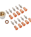 Top Notch Plasma Cutting Nozzles And Electrode Consumables Kit With 23 Pieces For Automotive Repair Jobs Made From Sturdy Brass And Zinc Alloy That Is Easy To Carry Around And Keeps Your Torch Working Like A Champ, showing 23 brass and zinc alloy nozzles and electrodes.