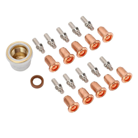 Top Notch Plasma Cutting Nozzles And Electrode Consumables Kit With 23 Pieces For Automotive Repair Jobs Made From Sturdy Brass And Zinc Alloy That Is Easy To Carry Around And Keeps Your Torch Working Like A Champ, showing 23 brass and zinc alloy nozzles and electrodes.