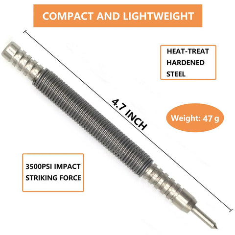Heavy Duty Two Piece Spring Loaded Hammerless Center Punch Kit, 4.7 inches, heat-treated hardened steel, precise marking tool.
