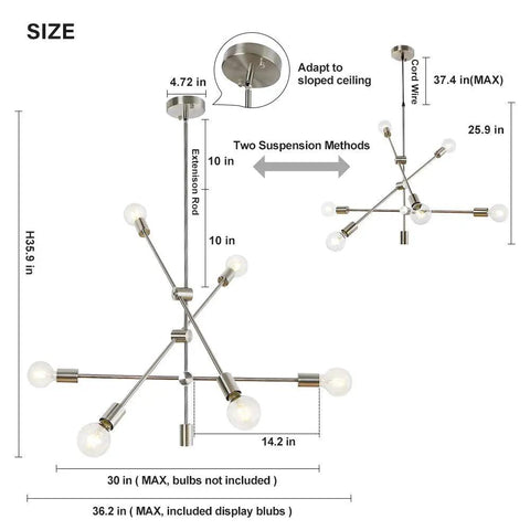 Brushed Nickel 6 Light Dope Sputnik Chandelier For Dining Room Kitchen Island Modern Industrial Pendant Light with size details