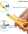 Person using mini wire stripper for terminating wires into 1110 blocks, illustrating function of All-In-One RJ45 Ethernet Crimping Tool For Cat5, Cat5e, Cat6, And Cat6A Pass-Through Connectors, Includes Stripping, Cutting, Crimping, And Hardened Blades For Fast, Clean Network Wiring At Home, Office, Or On Site.