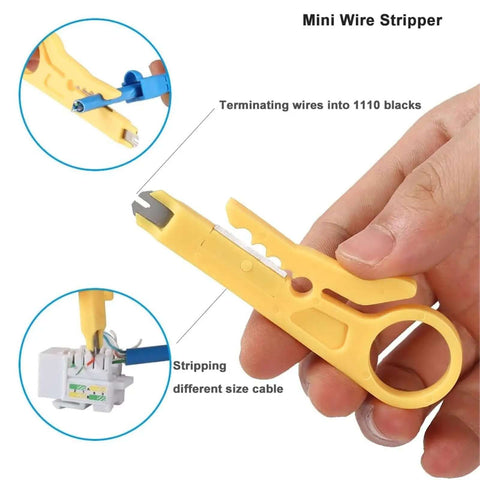 Person using mini wire stripper for terminating wires into 1110 blocks, illustrating function of All-In-One RJ45 Ethernet Crimping Tool For Cat5, Cat5e, Cat6, And Cat6A Pass-Through Connectors, Includes Stripping, Cutting, Crimping, And Hardened Blades For Fast, Clean Network Wiring At Home, Office, Or On Site.