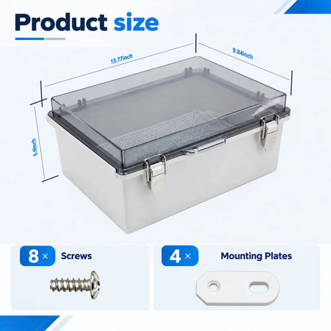 Tough As Nails Ip67 Waterproof Electrical Enclosure With Clear Gray Cover dimensions and accessories view, 13.77x9.84x5.9 inches.
