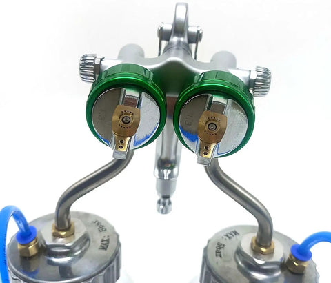 Heavy Duty Double Nozzle Paint Spray Gun With 1200 Rpm Pneumatic Feed And 1.3 Mm Tips showing dual nozzle design and stainless build.