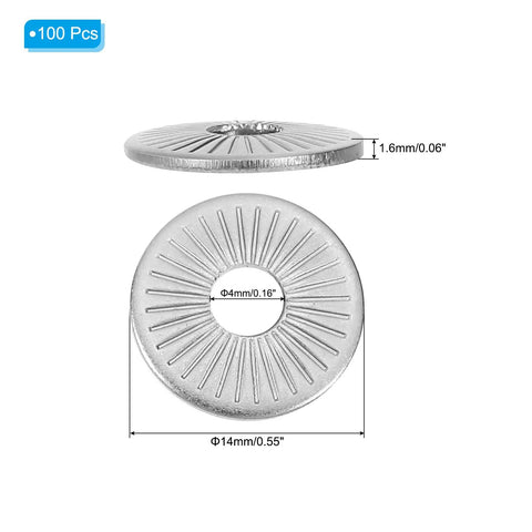 Sick Quality 304 Stainless Steel Belleville Spring Washers M4 X 14mm Conical Knurled Disc Gasket 100 Piece Bulk Pack side view and size diagram