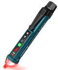 Non Contact Voltage Tester With 9 Gear Adjustable Sensitivity, AC Voltage Detector Tool with LCD and LED light glowing, side view.