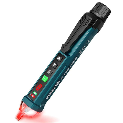 Non Contact Voltage Tester With 9 Gear Adjustable Sensitivity, AC Voltage Detector Tool with LCD and LED light glowing, side view.