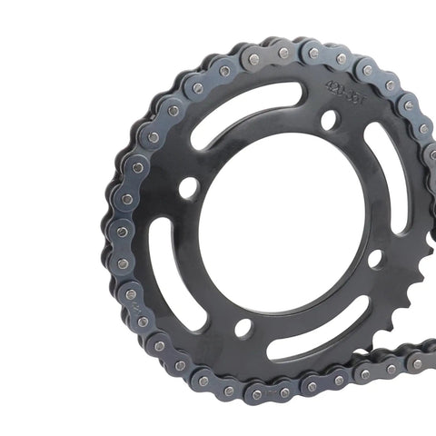 420 Chain Sprocket Kit With 120 Link Chain, showing 35T rear sprocket attached to chain for dirt bikes ATVs go-karts off-road vehicles.