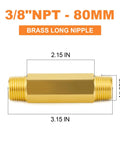 Forged Brass Long Nipple Three Eighths NPT Male To Three Eighths NPT Male Pipe Fitting Hex Nipple Connector Three Inch Length