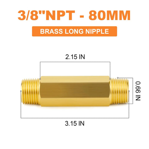 Forged Brass Long Nipple Three Eighths NPT Male To Three Eighths NPT Male Pipe Fitting Hex Nipple Connector Three Inch Length