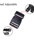 Four Pack 1 Inch Quick Side Release Buckles Dual Adjustable No Sew Clips For Nylon Webbing Replacement For Belts Backpacks Fanny Packs Dog Collars Heavy Duty POM Plastic shown in dual adjustable design close-up view.