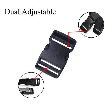 Four Pack 1 Inch Quick Side Release Buckles Dual Adjustable No Sew Clips For Nylon Webbing Replacement For Belts Backpacks Fanny Packs Dog Collars Heavy Duty POM Plastic shown in dual adjustable design close-up view.