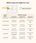 Shelf fit guide for cube bins, showing tailored, standard, and roomy fit measurements for various shelving units.
