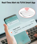 Smart WiFi Water Leak Detector For Home With Real Time App Alerts 2 4GHz Gateway And Six Sensors Keeps Your Phone In The Loop With Tuya App On iOS And Android showing phone alert
