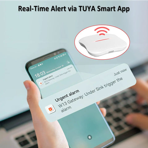 Smart WiFi Water Leak Detector For Home With Real Time App Alerts 2 4GHz Gateway And Six Sensors Keeps Your Phone In The Loop With Tuya App On iOS And Android showing phone alert