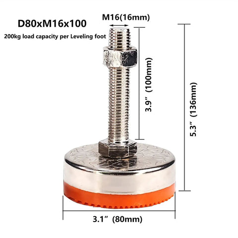 Heavy Duty 4 Pack Leveling Feet 3.9 Inch With PVC Antislip Base Pads And Carbon Steel Screws, Adjustable Height And Angle For Uneven Floors, Ideal For Mechanical Equipment, Assembly Lines, Shelves, And Work Tables. M16 leveling foot, 80mm base, 200kg load