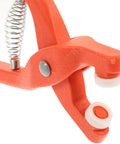 Snap Button Installation Tool Kit With Storage Box For Press Fasteners, Pro-Grade Five-Claw Snap Plier Set With Open-Ring Snaps, close-up orange plastic snap plier with spring and white die