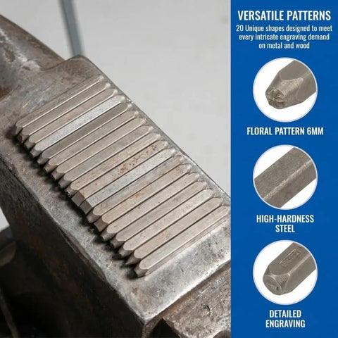 Pro Grade 20Pc 6Mm Steel Anvil Chisel Set For Engraving And Metalworking arranged on metal block with product details