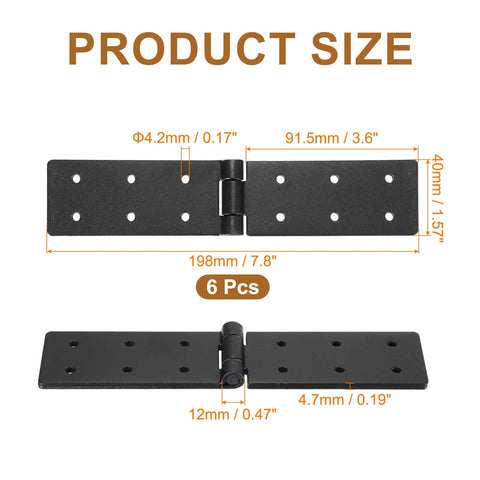 Heavy Duty Gate Hinges 6 Pack Adjustable 270 Degree Black Iron Folding Barn Door Hardware for Wood Fence with size dimensions.