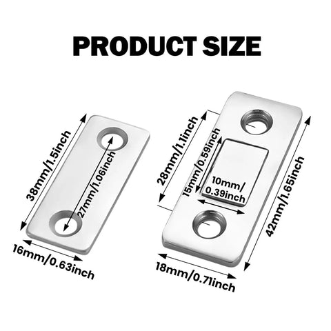 20 Pack Ultra Thin Magnetic Cabinet Door Catches With Double Sided Tape And Screws, showcasing size dimensions.