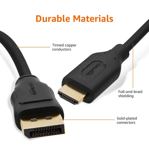 DisplayPort To HDMI Cable 6ft Unidirectional 4K 30Hz Gold Plated with visible connectors and durable materials