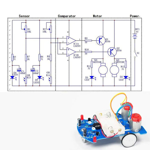 DIY Electronics Soldering Practice Kit For Beginners and Hobbyists Learn To Build A Line Following Smart Car With Easy Assembly and Educational Fun Great For School Projects and Home Learning, featuring circuit diagram and assembled car