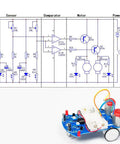 5 Pack D2-5 Smart Car Kit For Soldering And Line Following Robot Build with circuit diagram and assembled car on white background