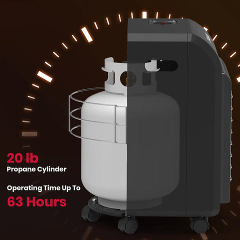 Side view of Portable Propane Radiant Heater With 18000 BTU For Warmth Up To 450 Sq Ft Ultra Quiet LP Gas Heater showing gas tank.