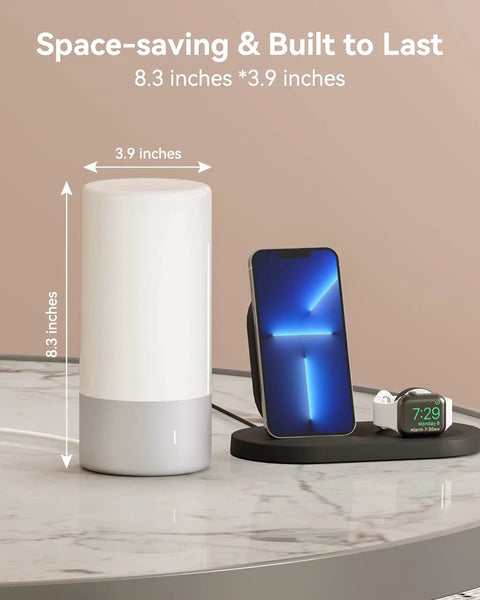 Modern Smart Bedside Table Lamp With Touch Control 3 Brightness Levels And 256 RGB Color Modes on marble surface with phone charger.