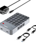 Premium Dual Bay M.2 Nvme Enclosure Deliverin Real Kickin 20Gbps Usb 3.2 Gen2x2 Speed showing ports, cables, and an AC adapter.
