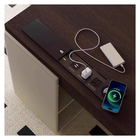 Top Shelf Standing Desk With Sleek Smoky Matte Paint Boss Ready Computer Workstation featuring USB hub and wireless charging.