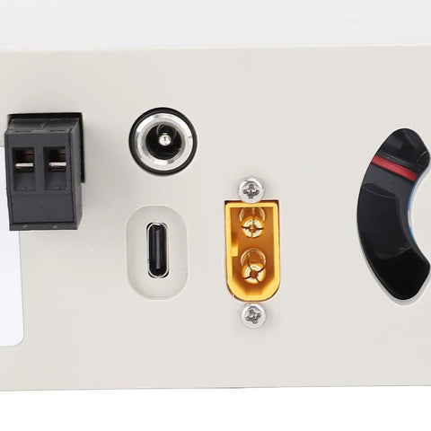 Back panel connectors of CNC Regulated Power Supply 480W 70V In 60V Out for LED Lab Use, showing inputs and adjustment knob.