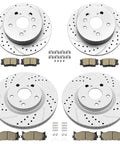 Front And Rear Drilled And Slotted Brake Rotors With Ceramic Pads Kit For 2008 To 2012 Toyota Avalon, 2007 To 2011 Camry, 2007 To 2012 Lexus ES350, 11.65 Inch Front Rotors And 11.06 Inch Rear Rotors, Includes Hardware And Easy Install
