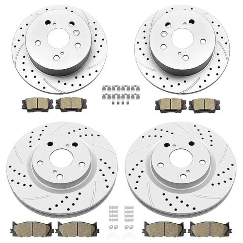 Front And Rear Drilled And Slotted Brake Rotors With Ceramic Pads Kit For 2008 To 2012 Toyota Avalon, 2007 To 2011 Camry, 2007 To 2012 Lexus ES350, 11.65 Inch Front Rotors And 11.06 Inch Rear Rotors, Includes Hardware And Easy Install